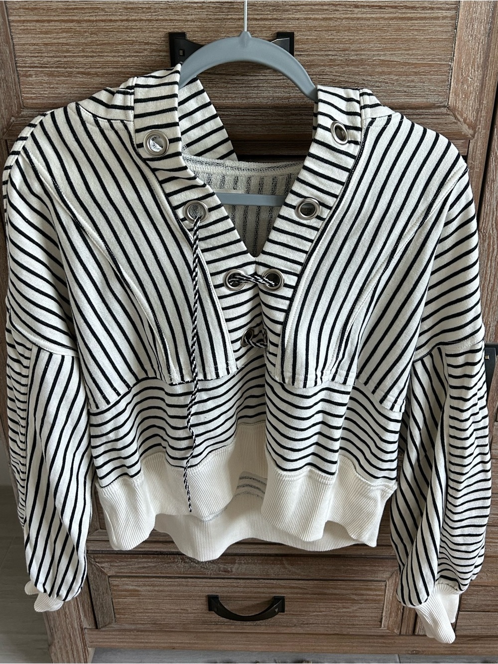 Pilcro Striped Hooded Pullover Sweatshirt in White and Black